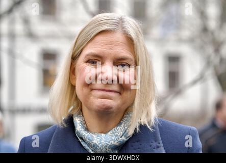 STOCCOLMA, SVEZIA - 28 FEBBRAIO 2026: Magdalena Andersson viene intervistata durante una cerimonia in memoria di Olof Palme quarant'anni dopo la sua morte. Foto Stock