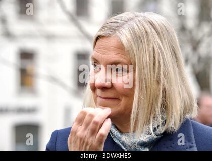 STOCCOLMA, SVEZIA - 28 FEBBRAIO 2026: Magdalena Andersson viene intervistata durante una cerimonia in memoria di Olof Palme quarant'anni dopo la sua morte. Foto Stock