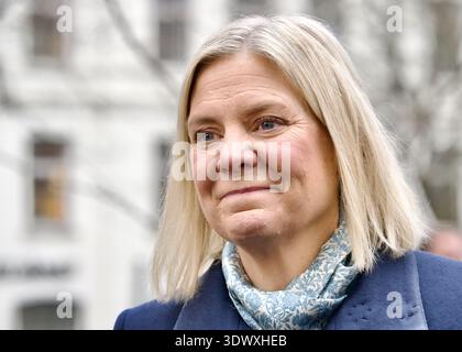 STOCCOLMA, SVEZIA - 28 FEBBRAIO 2026: Magdalena Andersson viene intervistata durante una cerimonia in memoria di Olof Palme quarant'anni dopo la sua morte. Foto Stock