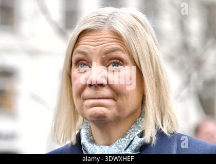 STOCCOLMA, SVEZIA - 28 FEBBRAIO 2026: Magdalena Andersson viene intervistata durante una cerimonia in memoria di Olof Palme quarant'anni dopo la sua morte. Foto Stock