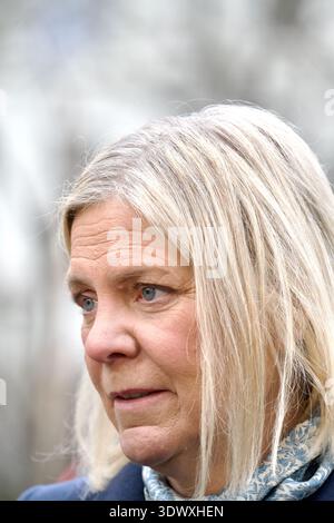 STOCCOLMA, SVEZIA - 28 FEBBRAIO 2026: Magdalena Andersson viene intervistata durante una cerimonia in memoria di Olof Palme quarant'anni dopo la sua morte. Foto Stock