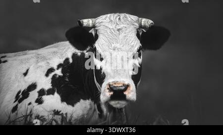 Immagine BNW di una mucca Pustertaler Sprinzen in bianco e nero, detta Pustertaler Schecken, che guarda la fotocamera, primo piano, angolo basso, monocromatico, 16:9 Foto Stock
