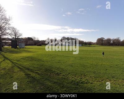 Immagine droni di ampi campi aperti nel Birkenhead Park con lunghe file di alberi maturi. Foto Stock