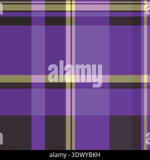 Stendere il tessuto tartan a quadri, la trama del tessuto a scacchi del vetro finestra. Sfondo allegro motivo vettoriale senza cuciture nella tavolozza di colori viola e scuri. Illustrazione Vettoriale