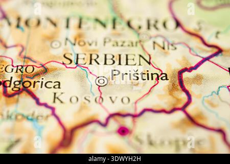 Mappa di Pristina e dell'area balcanica circostante Foto Stock