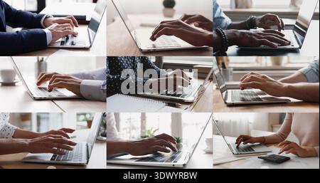 Le mani di giovani uomini d'affari che digitano sulla tastiera del notebook vista laterale Foto Stock
