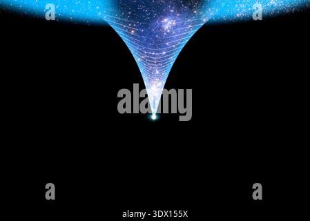 Illustrazione di una singolarità. Questo è un punto teorico nello spazio-tempo, in particolare al centro dei buchi neri o al momento iniziale del Big Bang, dove le forze gravitazionali sono così intense che la densità e la curvatura dello spazio-tempo diventano infinite. A questi punti, le leggi conosciute della fisica si infrangono. Foto Stock