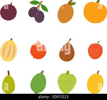 Collezione di icone della frutta tropicale. Illustrazione di frutti esotici colorati e vettoriali piatti Illustrazione Vettoriale