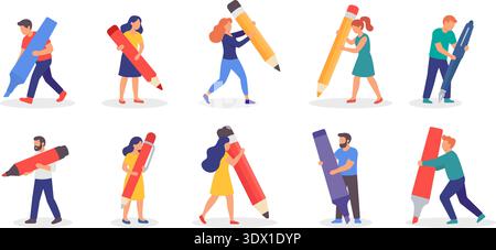 Set di persone che tengono in mano matite e penne giganti. Illustrazione vettoriale piatta del lavoro di squadra, della creatività e dei concetti educativi. Illustrazione Vettoriale