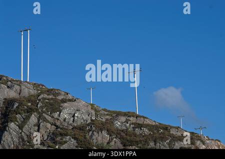 Tralicci di elettricità bianchi visti contro il cielo azzurro su ripide e aspre colline nel Sutherland, nelle Highlands scozzesi Foto Stock