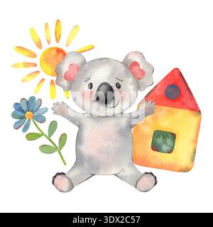 Casa di disegno per bambini, sole, fiori, koala. Illustrazione ad acquerello dipinta a mano isolata su bianco per il branding dei bambini, materiali per l'infanzia, asilo nido Foto Stock