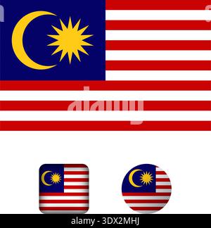 La raccolta di icone piatte con bandiera della Malesia, design modificabile tramite vettore, può essere utilizzata per la progettazione aziendale o di presentazioni. Illustrazione Vettoriale