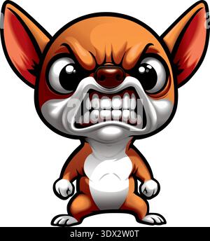 Personaggio chihuahua animato arrabbiato che mostra denti e ringhiamento, isolato sul bianco. Illustrazione Vettoriale