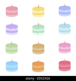 Collezione di dolci di compleanno in vari colori pastello come rosa, blu, giallo e verde. Set vettoriale piatto per il design celebrativo Illustrazione Vettoriale