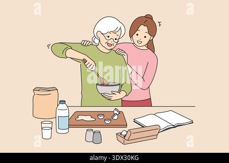 Donna anziana e figlia che cuocono insieme nella cucina di casa, mescolando pastella, libro aperto, farina, uova, latte, sorriso di sostegno, caldo Foto Stock