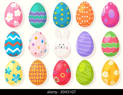 Un set di uova di Pasqua per decorare cartoline, banner di siti Web, poster, volantini e copertine. Un design moderno e alla moda caratterizzato da simpatici coniglietti, disegnati a mano Illustrazione Vettoriale
