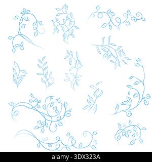 Rami a molla con foglie, disegno semplice. Illustrazione vettoriale. Una raccolta di rami disegnati a mano isolati su sfondo bianco. Molla, dettaglio, Illustrazione Vettoriale