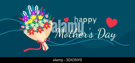 Biglietto per la Festa della mamma, mazzo di fiori per illustrazione a piatto della mamma, banner per la festa della mamma Illustrazione Vettoriale