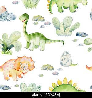 Motivo senza cuciture acquerello con graziosi dinosauri. Foto Stock