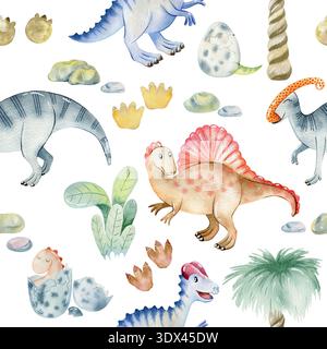 Motivo senza cuciture acquerello con graziosi dinosauri. Foto Stock
