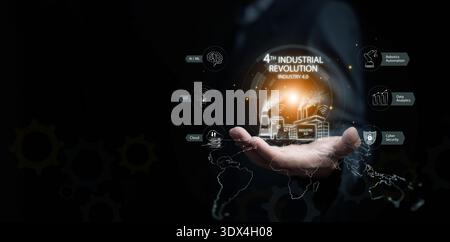 Quarto concetto di rivoluzione industriale. Avvicinarsi a un mondo digitale con l'icona dell'intelligenza artificiale, dell'IoT, dell'automazione robotica, del cloud, della sicurezza informatica, analisi dei dati Foto Stock