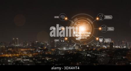 Quarto concetto di rivoluzione industriale. Città di notte con l'icona dell'intelligenza artificiale, IoT, automazione robotica, tecnologia cloud, sicurezza informatica, analisi dei dati in digitale Foto Stock