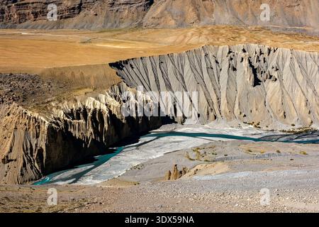Il fiume Spiti intrecciato scorre attraverso ripide scogliere di limo erose vicino a Pangmo, con la vasta catena montuosa himalayana visibile in lontananza. Foto Stock