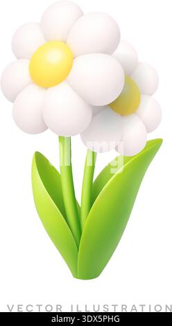 Due fiori di margherita bianchi con foglie verdi. Illustrazione vettoriale a molla 3D pastello minima isolata su sfondo bianco Illustrazione Vettoriale
