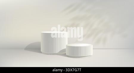 Podio per sculture in marmo, stand per prodotti a colonna 3d. Piedistallo bianco, elegante piattaforma. Palcoscenico del museo della cosmetica pastello, base espositiva. Argento Illustrazione Vettoriale