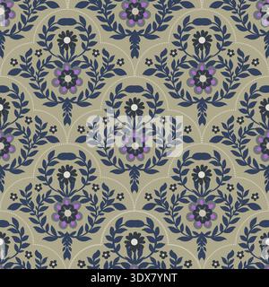Elegante motivo Damasco con scallop floreale Navy Illustrazione Vettoriale