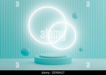 Anelli al neon luminosi su sfondo verde per la fase del prodotto Foto Stock