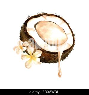 Composizione acquerello al cocco con metà con gocce di latte. Illustrazione isolata disegnata a mano con motivi botanici. Foto Stock
