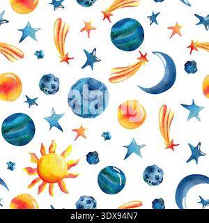 Schema senza interruzioni di oggetti celesti colorati ad acquerello con stelle, lune, pianeti e comete in blu, arancione e giallo su sfondo bianco. Foto Stock