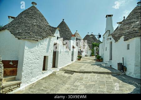 Fila di tradizionali case Trulli imbiancate con tetti conici in pietra lungo una strada pedonale lastricata, Alberobello, Puglia, Italia, Europa. Foto Stock