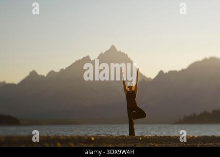 Una giovane donna pratica yoga sulla riva del lago Jackson nel Grand Teton National Park, Jackson Hole, Wyoming. Foto Stock