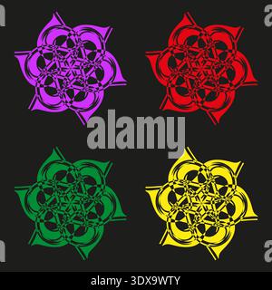 Icone di mandala professionali. Simboli floreali tradizionali. Grafica vettoriale professionale. Sfondo nero monocromatico. EPS 10. Illustrazione Vettoriale