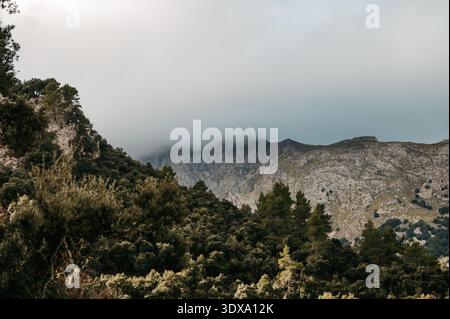 Nuvole basse sul crinale di montagna a Serra de Tramuntana, Maiorca Foto Stock