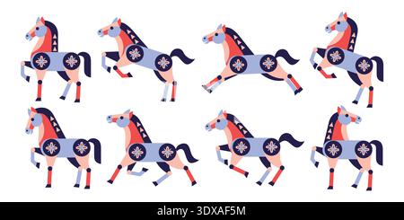 Set di cavalli decorativi di arte popolare blu e rossa in varie pose. Equino di stile etnico tradizionale con motivo geometrico su sfondo bianco. Vettore Illustrazione Vettoriale
