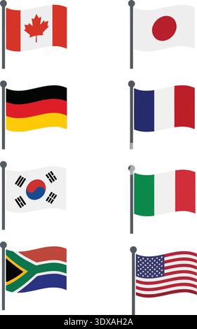 Una serie di otto bandiere nazionali sui pali tra cui Canada, Giappone, Stati Uniti e Francia. La grafica vettoriale piatta e ondulata rappresenta il viaggio globale, internaziona Illustrazione Vettoriale