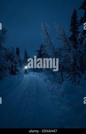 Vista a distanza di una persona irriconoscibile che indossa il faro in piedi su una strada innevata nella foresta invernale di notte Foto Stock