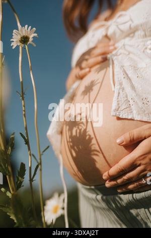 Sezione centrale di una donna incinta che tocca la pancia mentre è in piedi sul campo Foto Stock