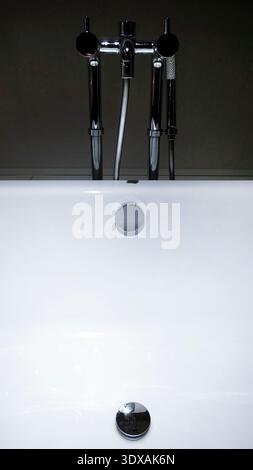 Vista frontale verticale, primo piano di un lussuoso rubinetto per vasca da bagno cromato, dotato di soffione doccia portatile, coperchio di troppopieno e tappo di scarico. La simmetrica Foto Stock
