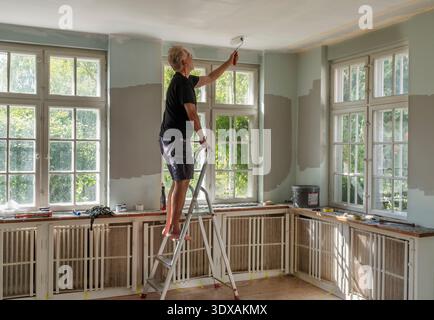 Uomo in pensione che dipinge il soffitto mentre sta in piedi sulla scala a casa Foto Stock