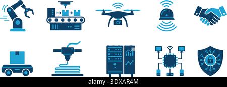 Set di icone a quattro punti zero per la produzione intelligente e l'industria con pittogrammi vettoriali piatti per tecnologia di automazione robotica industriale drone tre d prin Illustrazione Vettoriale