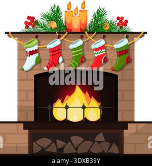 caminetto di natale decorato con candele e calze, illustrazione di capodanno Illustrazione Vettoriale