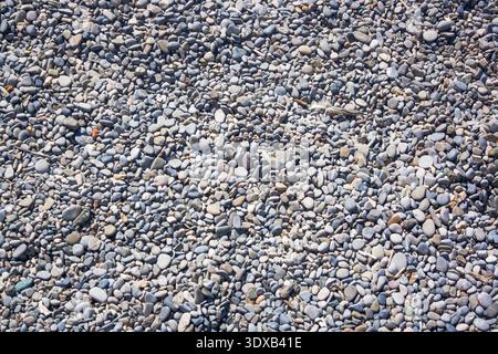 Vista ravvicinata di una superficie di ghiaia con varie dimensioni e colori di ciottoli. Foto Stock