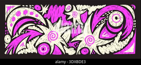 Colori brillanti disegnati a mano stelle, lobi irregolari, set di sfondo con disegni a pastello frecce. Elementi gesso dell'asilo doodle isolati. twinkl Illustrazione Vettoriale