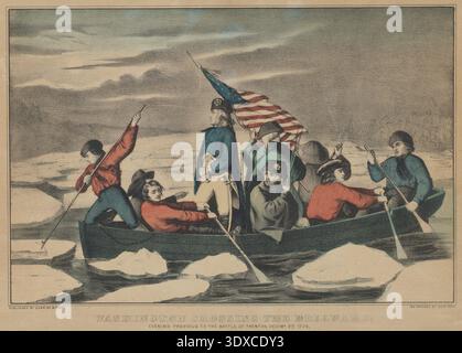 Stampa storica intitolata Washington Crossing the Delaware – Evening Previous to the Battle of Trenton, 25 dicembre 1776, pubblicata da Currier & Ives dopo Emanuel Leutze, 1857–71. Iconica scena della Guerra di indipendenza americana raffigurante George Washington in piedi su una piccola barca con soldati continentali che navigano nelle acque ghiacciate sotto una bandiera americana. Foto Stock
