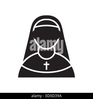 Icona nera minimalista con silhouette, sorella religiosa cattolica che indossa abitudini tradizionali, semplice simbolo del clero cristiano monocromatico - illustrazione vettoriale Illustrazione Vettoriale