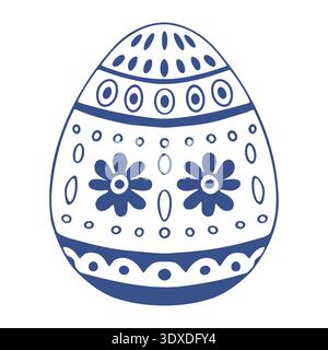 Uovo di Pasqua nordica con ornamento geometrico a fascia floreale. Illustrazione vettoriale grafica con linea blu su sfondo bianco Illustrazione Vettoriale